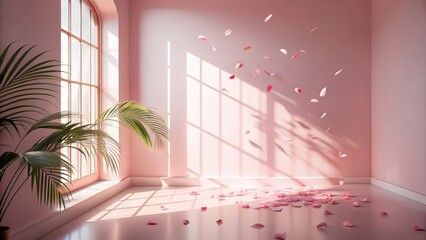 Aufkleber - Sunlight streams through a window casting shadows on a pink wall, delicate petals fall gracefully towards the floor, creating a serene and dreamy atmosphere