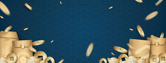 Wall Mural - chinese new year banner background with oriental style decoration border design on blue pattern with