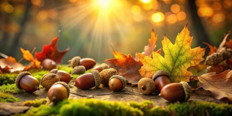 Aufkleber - Acorns Resting Among Autumn Leaves in a Forest Setting, Bathed in the Warm Glow of the Setting Sun