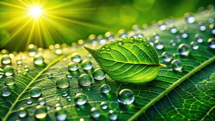 Poster - A single green leaf rests atop a vibrant green surface, adorned with glistening droplets of water, illuminated by the radiant rays of the sun.