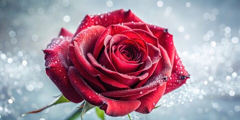 Aufkleber - A single red rose with dew drops on its petals, bathed in soft, bokeh light