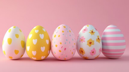 Wall Mural - 3D Illustration. Easter eggs with different patterns on pastel color isolated background. Happy Easter concept.