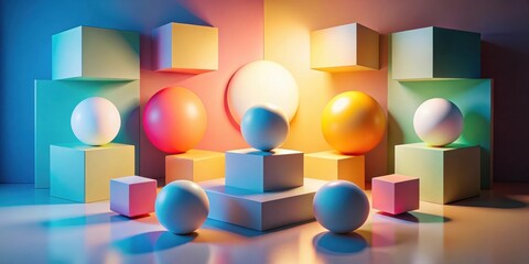 Poster - A vibrant composition of colorful geometric shapes illuminated by soft light, showcasing a dynamic interplay of spheres and cubes.