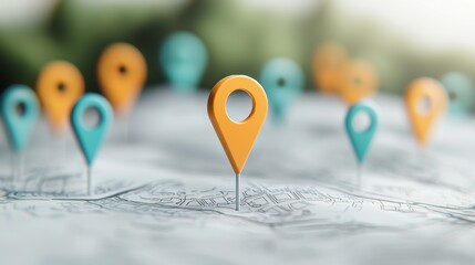 Poster - A set of 3D location pins in various vibrant colors, each with a unique shape and design, floating above a stylized map, adding depth and visual appeal to location markers.