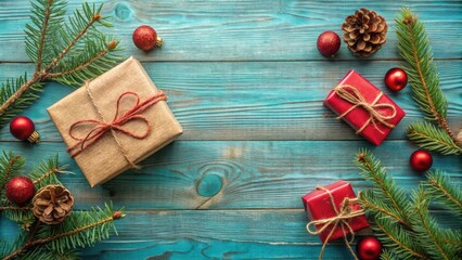 Poster - A festive Christmas backdrop of a rustic wooden surface adorned with evergreen branches, red ornaments, and wrapped gifts.