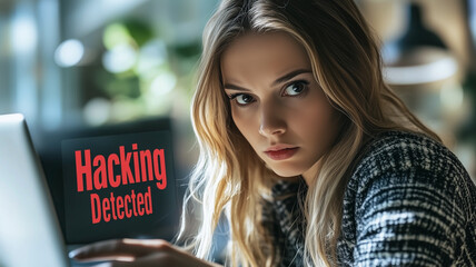 Poster - Hacking Detected: A young woman with blonde hair stares intently at her laptop screen displaying a 