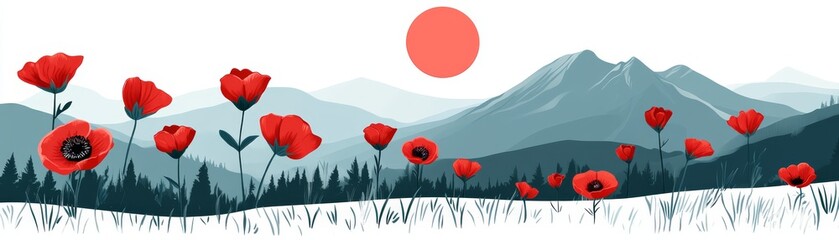 Wall Mural - Breathtaking landscape, a field of red wildflowers with majestic mountains in the background