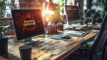 Poster - Hacking Detected Alert: A computer screen displays a stark 
