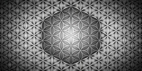 Leinwandbilder - A symmetrical pattern of overlapping geometric flower shapes in grayscale creates a visually captivating and intriguing composition.
