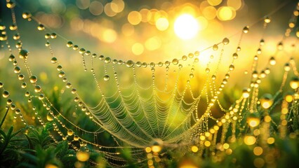 A web of intricate threads adorned with glistening dew drops, catching the warm golden light of the morning sun