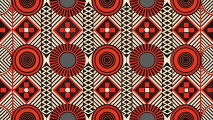 Aufkleber - A contemporary geometric pattern featuring concentric circles, radiating lines, and overlapping diamonds in vibrant shades of red, black, and white.