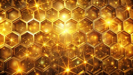 Poster - A mesmerizing honeycomb pattern composed of shimmering gold hexagons with dazzling starburst lights emanating from within each cell, creating an abstract, intricate, and luminous backdrop.
