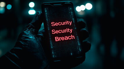 Poster - Cybersecurity Breach: A gloved hand clutches a smartphone, its screen displaying a stark red message: 
