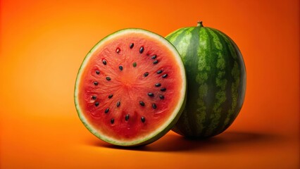 Poster - A slice of watermelon reveals its juicy red flesh and black seeds, while a whole watermelon rests nearby, both set against a vibrant orange backdrop.