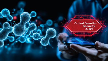 Poster - Cybersecurity Alert: A person holds a smartphone, with a digital overlay showing a critical security alert amidst a visualization of viruses or malware.