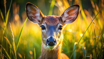 Aufkleber - A Young Deer Gazes Directly at the Camera, Its Dark Eyes Piercing Through the Golden Light Filtering Through the Tall Grass.