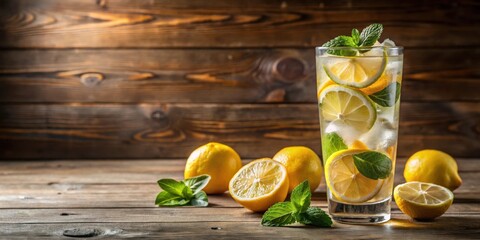 Poster - A refreshing glass of lemonade with lemon slices, ice cubes, and mint leaves on a rustic wooden background.