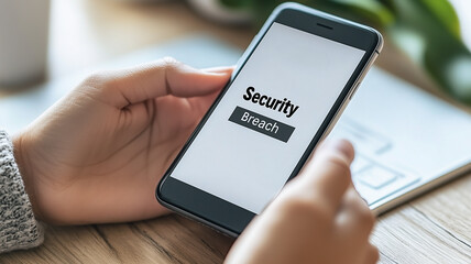 Poster - Security Breach Alert on Smartphone: A close-up shot of a person's hands holding a smartphone displaying a security breach alert. The image evokes a sense of anxiety and concern. 