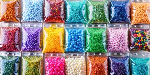 Poster - A vibrant assortment of colorful sprinkles packaged in clear plastic bags, ready to add a festive touch to any baking creation