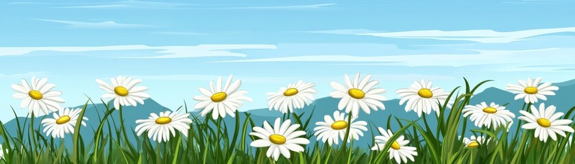 Wall Mural - A breathtaking landscape, daisies blooming in field with majestic mountains in the background