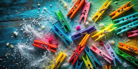 Poster - A vibrant collection of colorful clothespins scattered across a textured wooden surface, creating a playful abstract composition.
