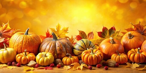 Aufkleber - A Collection of Pumpkins and Autumn Leaves on a Wooden Table with a Blurred Yellow Background