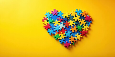Aufkleber - Colorful puzzle pieces arranged in a heart shape on a bright yellow background, symbolizing unity and connection.