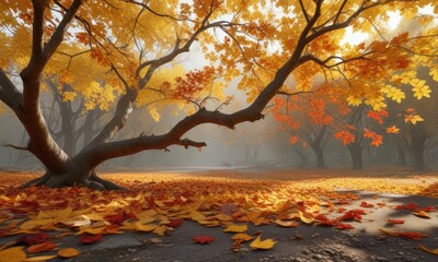 Wall Mural - A large branch is adorned with a variety of fallen leaves in shades of yellow, orange, and red , fall, abundant