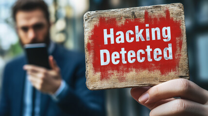 Poster - Hacking Detected: A close-up shot of a warning sign with 