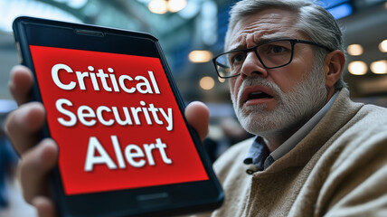 Poster - Cybersecurity Alert: A man with a concerned expression stares at his smartphone displaying a stark 