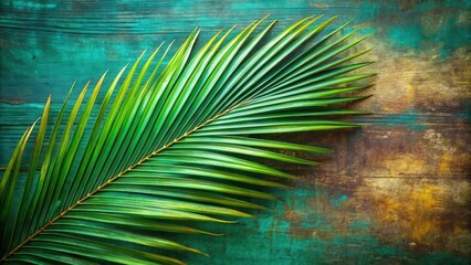 Poster - A Single Palm Leaf Resting on a Distressed, Rustic Wooden Surface, Evoking a Sense of Tropical Serenity and Natural Beauty