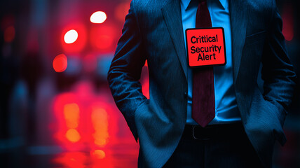 Poster - Cybersecurity Alert: A close-up shot of a man in a suit, illuminated by a neon glow, wearing a prominent 