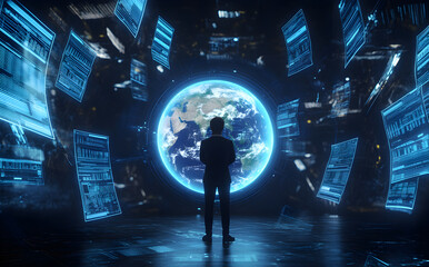 Wall Mural - A person observes a virtual globe surrounded by digital data in a futuristic environment, highlighting technology's impact on global connections