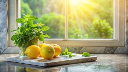 Poster - A fresh, sunlit kitchen counter with lemons, mint, and a marble cutting board, perfect for a summery recipe or a refreshing drink.
