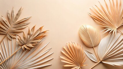 Poster - Dried Palm Leaves Arranged on a Beige Background in a Minimalist Style