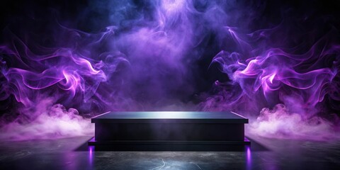 Poster - A solitary platform stands bathed in purple and white smoke, an ethereal stage for the unknown.