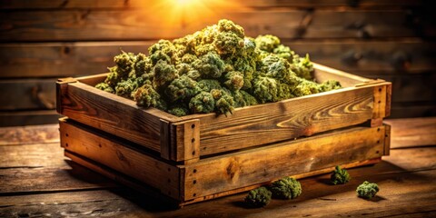 Aufkleber - A rustic wooden crate overflowing with a bountiful harvest of vibrant green cannabis buds, illuminated by a warm, golden light.