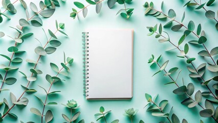 Poster - Blank Notebook Surrounded by Sprigs of Green Leaves on a Mint Green Background