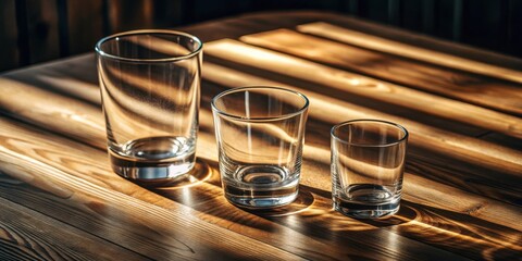 Aufkleber - Three empty glasses arranged in descending order of size, casting shadows on a wooden surface bathed in warm sunlight.