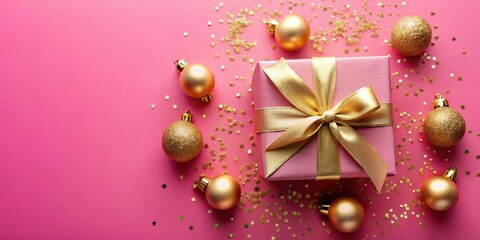 Poster - Pink background with gold glitter and ornaments and a pink gift box with a gold bow