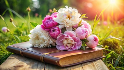 Poster - A delicate bouquet of pink and white peonies rests on a weathered leather-bound book, bathed in the warm glow of the setting sun.