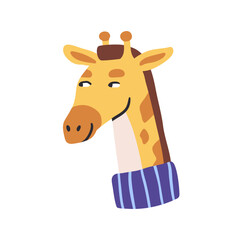Poster - Funny giraffe character with sly smirk, face expression. Cute jungle animal head with long neck in scarf, looking aside, grinning emotion. Flat vector illustration isolated on white background
