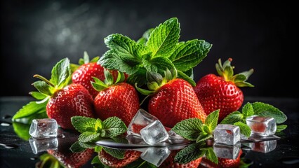 Poster - A Close-Up of Juicy Red Strawberries and Fresh Mint Leaves with Ice Cubes Reflecting on a Smooth, Black Surface