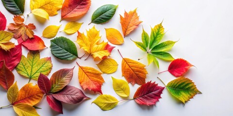 Poster - A vibrant display of fall leaves, showcasing the transformation from green to yellow, orange, and red, creating a natural color gradient on a white background.
