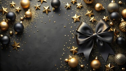 Wall Mural - A festive black and gold Christmas background with a large satin bow and scattered ornaments, stars, and glitter.