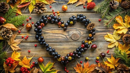 Poster - Autumnal Heart Shaped Wreath of Berries Surrounded by Leaves and Pinecones on Rustic Wooden Background