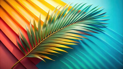Poster - A single palm leaf casts a shadow over a vibrant backdrop of blue, yellow, and red, creating a colorful and tropical scene.