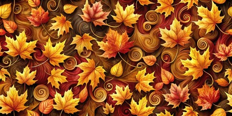 Poster - A Whirlwind of Autumn Leaves, Swirling in Vibrant Hues of Gold, Red, and Brown, Adorned with Intricate Spiral Patterns, Creates a Captivating Symphony of Colors