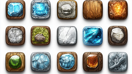 Poster - Set of web buttons isolated on background. Cartoon vector illustration of rectangular and oval ui empty bars with colorful ice, stone, wood, germ, glossy, chocolate texture. Game interface elements