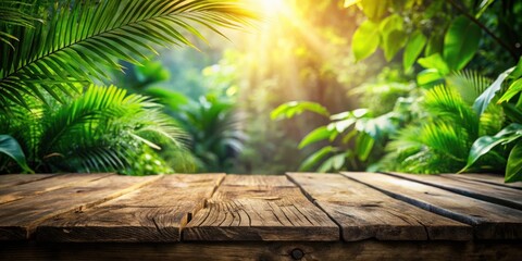 Poster - Rustic Wooden Plank Tabletop in a Lush Tropical Rainforest Setting with Sunlight Filtering Through the Canopy